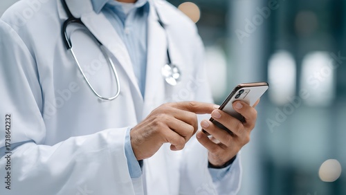 Doctor using a cell phone, typing on a cell phone, doctor typing on a cell phone