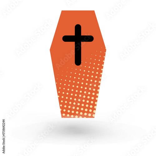 Halloween orange coffin with cross halftone front view vector illustration