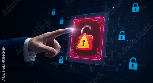 Wallpaper Mural Cybersecurity Threat Alert on Touchscreen with Red Warning Icon and Padlock Symbols — Mobile Security, Threat Detection and Secure Access Concept Torontodigital.ca