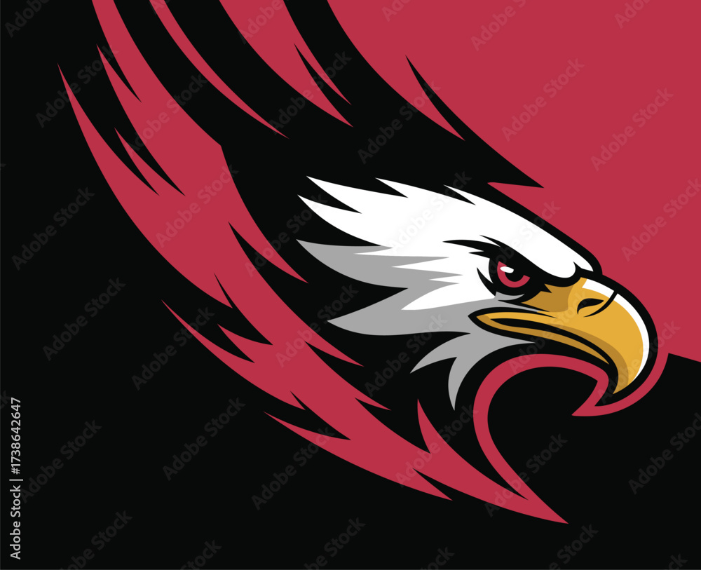 Obraz premium Eagle head illustration, bold digital vector art of a powerful eagle’s head embodying speed, focus, and competitive spirit, ideal for sports branding, team logos, racing graphics, and aggressive 