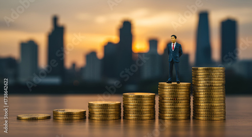 Wallpaper Mural Businessman Standing on Stacks of Gold Coins with City Skyline — Financial Success, Investment Growth and Wealth Management Concept Torontodigital.ca