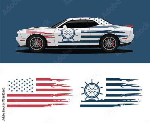 Dynamic vector art of a vehicle with distressed flag and nautical wheel body wraps