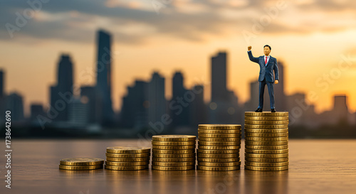 Wallpaper Mural Businessman Standing on Stacks of Gold Coins with City Skyline — Financial Success, Investment Growth and Wealth Management Concept Torontodigital.ca