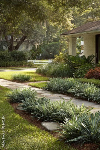 A well-manicured suburban home's pathway lined with lush green and silver plants