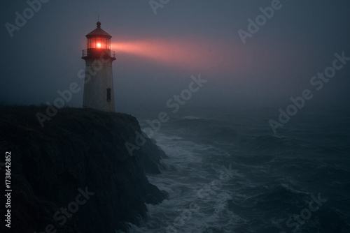 Dramatic lighthouse shines through coastal fog at dusk, guiding ships through stormy seas, a beacon of hope and resilience against the dark ocean waves