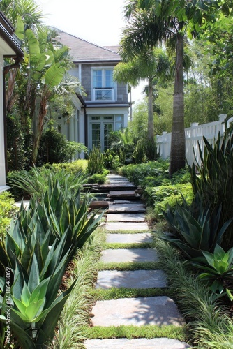 Stone pathway through a lush garden leading to a two-story house with bright sunlight