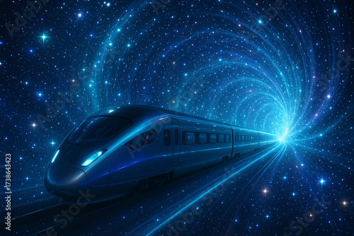 Experience the future of travel with this stunning high-speed train traversing a vibrant star-filled tunnel, promising innovative transportation solutions and cosmic adventures