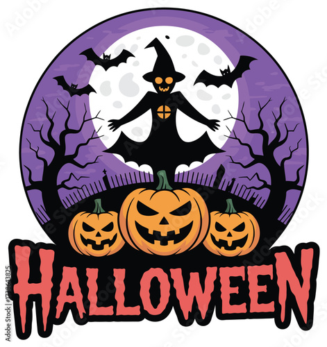 Spooky Halloween Scene with a Scarecrow, Pumpkins, and Full Moon