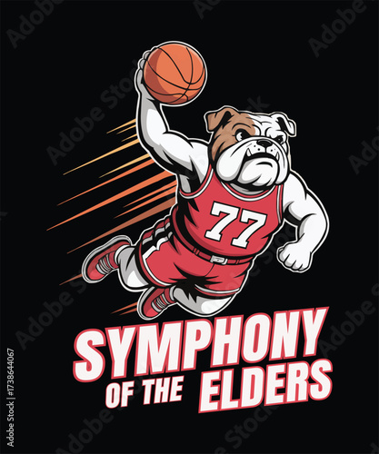 A cartoon bulldog mascot powerfully dribbling a basketball with speed