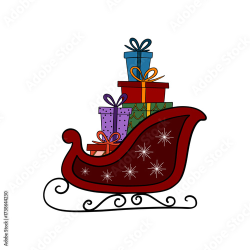 Christmas Santa Claus sleigh illustration with festive decorations and holiday gifts