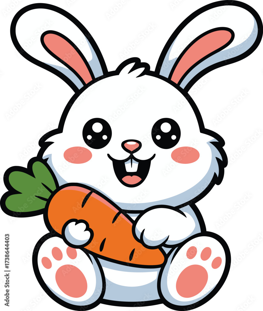 Obraz premium Cartoon bunny illustration, cute rabbit holding a carrot in playful vector style, adorable animal character for kids design, nursery art, stickers, educational materials, and cheerful spring branding