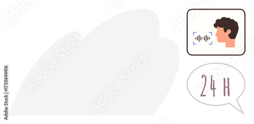 Profile of a person speaking with soundwave icon, 24-hour speech bubble. Ideal for AI, assistance, technology, automation, voice recognition, customer support, simple flat metaphor