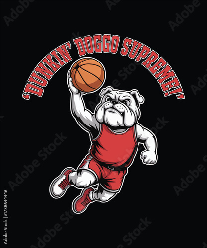 Bulldog playing basketball with supreme text above a cartoon illustration