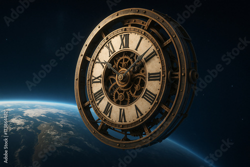 Timeless antique clock floating above the Earth evokes a sense of global time management, deadlines and the future of space exploration with a vintage steampunk style
