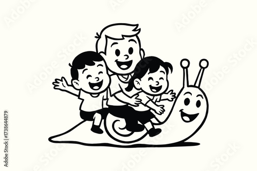 happy family with children and dog playing together in cartoon illustration