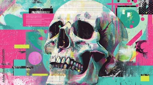 Skull portrait with glitches & abstract colors, digital art, for modern design & background