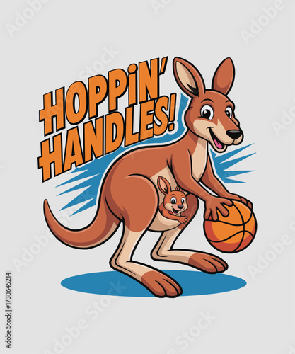 Cartoon kangaroo with joey and basketball playful and energetic illustration