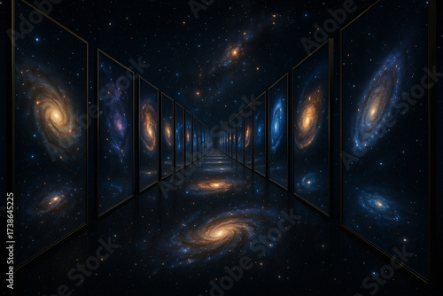 Explore the cosmos with stunning galaxy portals and stars, perfect for science, future tech, and cosmic adventure concepts, a truly mesmerizing scene