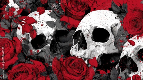 Skulls amidst vibrant roses, dark illustration, floral backdrop, gothic design, for edgy wallpaper