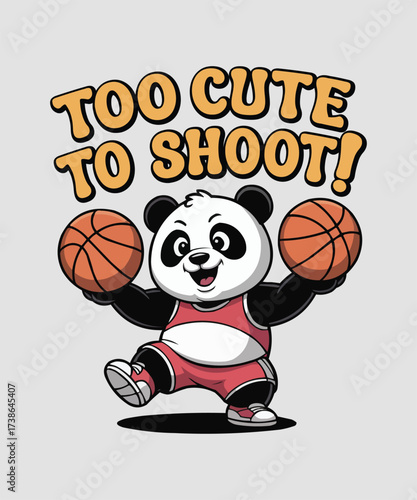 Adorable panda bear character playfully holding two basketballs too cute to shoot
