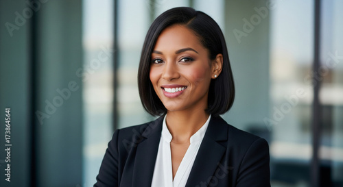 Confident businesswoman smiling in a modern office setting. Free Download Confident businesswoman smiling in a modern office setting. - GFXLoad