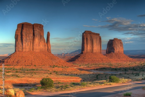 Monument Valley buttes at dawn, vibrant red rock formations, desert landscape