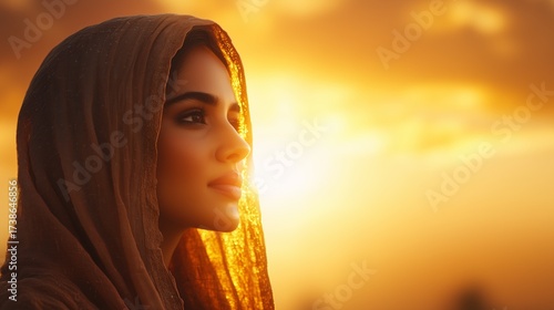 Radha stands gracefully on the banks of the Yamuna River as the sun sets, her face aglow with warmth. Her eyes reflect deep love and devotion, creating a serene, spiritual atmosphere.