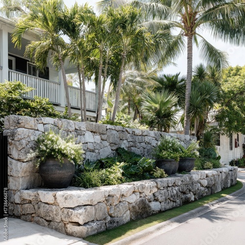 A stone wall with planters and lush greenery frames a house with palm trees