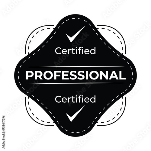 Professional Certified Badge Vector Icon - Monochrome Label Design with Checkmarks and Stitched Border for Accreditation, Quality, and Expertise Seal

