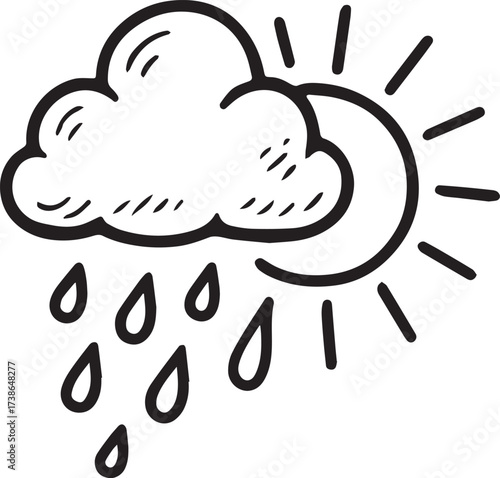 Weather doodle illustration: An illustrative interpretation of a moody weather scene, depicting a rain cloud, raindrops, and sun, offering a fresh perspective on meteorological elements.