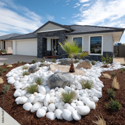 Front view of modern home with landscaping including rocks and greenery under a blue sky
