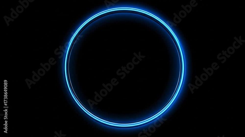 A glowing blue circle with thin line shines brightly against a stark black backdrop