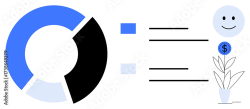 Pie chart, labeled data points, happy face, dollar coin on plant signifying profit, growth. Ideal for analytics, financial insights, happiness at work, business investment progress simple flat