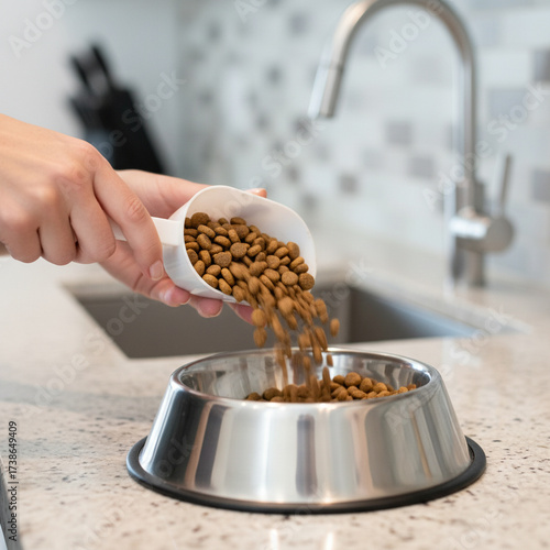 female hands pouring dry brown dog food from a measuring scoop into a shiny metal pet bowl on a modern kitchen counter