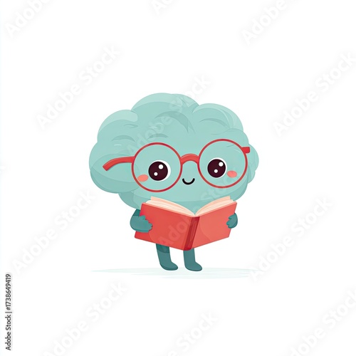 Wallpaper Mural Cartoon brain with glasses, arms, legs, and book. Smiling and reading. Illustration on white Torontodigital.ca