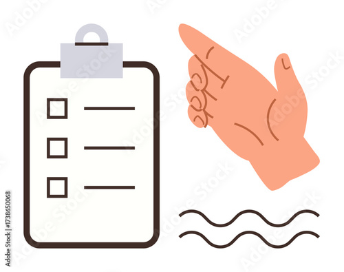 Checklist with three items, a hand pointing for direction or emphasis, and wavy lines suggesting progress, workflow, or movement. Ideal for planning, organization, direction, task management
