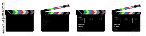 Film clapperboard, movie clapper, cinema slate set in black color vector illustration