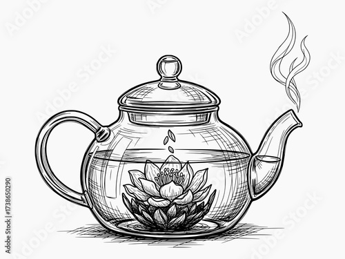 Glass Teapot with Flowering Tea in Sketch Style – Black and White Vector Illustration for Packaging and Menu Design