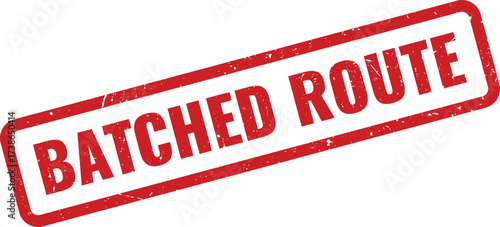Red Batched Route Rubber Stamp on White Background, Indicating Items Directed Along a Specific Path or Channel