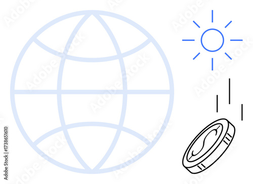 Globe icon, shining sun, and falling coin representing global economy, financial growth, renewable energy, sustainability, investment, innovation and global commerce. Simple flat metaphor