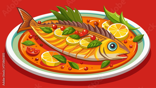 spicy boiled mackerel topping chop lemon grass in red curry sauce on plate