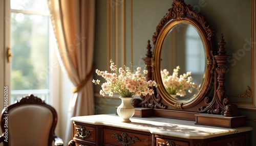 Ornate antique vanity with oval mirror in classic interior. Wooden furniture with marble top reflects light. Flowers in vase decorates the dresser. Window with curtains provides daylight.