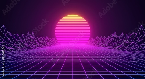 Futuristic 80s Retrowave Landscape with Neon Grid and Glowing Sun