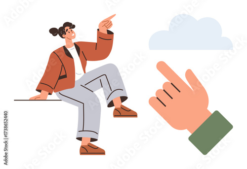 Young woman sitting confidently, pointing upward while oversized hand reaches for a cloud. Ideal for creativity, imagination, goal-setting, teamwork, collaboration, aspirations potential. Simple