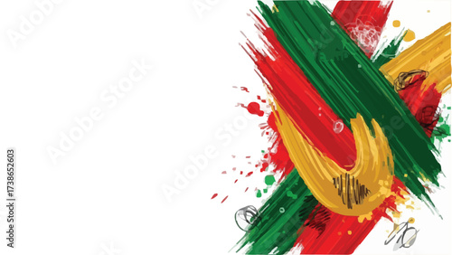 Abstract Dynamic Paint Brushstrokes - Red, Green, and Gold Artistic Background with Splatter Texture and Copy Space