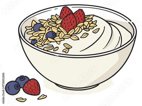 Creamy yogurt with granola topped with fresh berries. Healthy yogurt snack includes blueberries and strawberries, creating a delicious breakfast or dessert option.