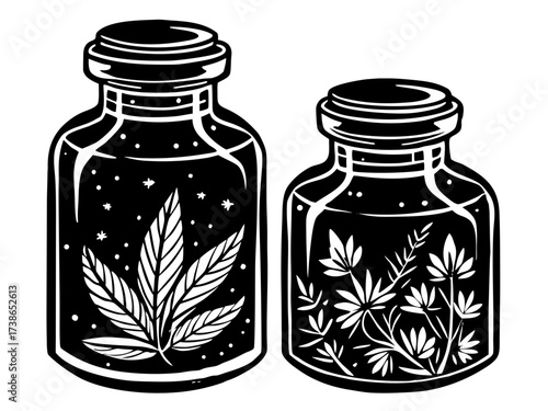 Herbal extract jars showcasing unique leaf designs for natural health and wellness concepts. These jars emphasize herbal benefits with detailed botanical illustrations representing plant extracts.