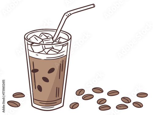 Iced latte with straw and coffee beans beside glass on white background. Iced latte features stylish design with clear glass, ice cubes, and refreshing drink perfect for coffee lovers.