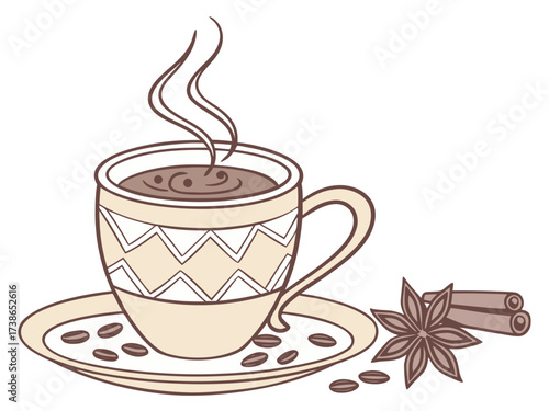 Hot cocoa mug with cinnamon and coffee beans on saucer, steaming drink with decorative cup showcases rich flavor. Warm hot cocoa beverage concept perfect for cozy gatherings or festive occasions.