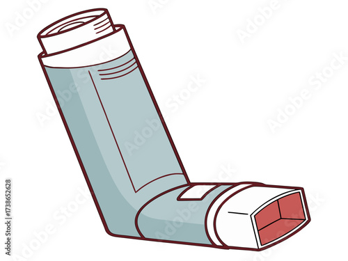 Asthma inhaler with light blue casing and red mouthpiece, designed for medication delivery during respiratory emergencies.